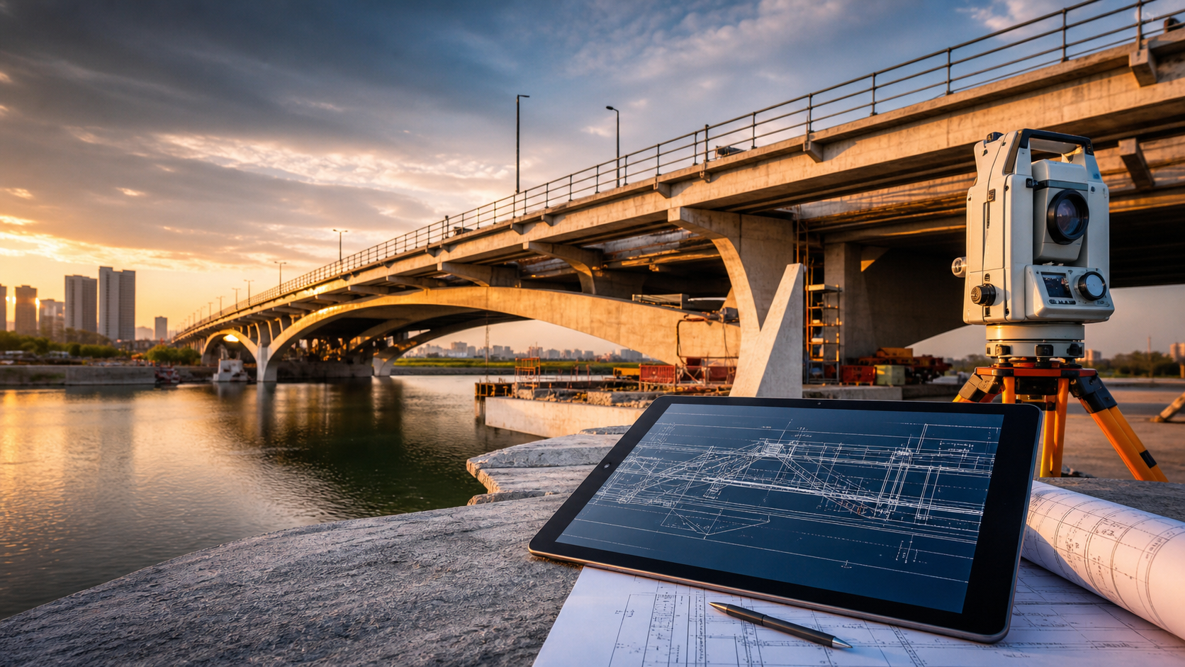 Modern bridge and civil infrastructure scene with survey equipment and engineering plans.