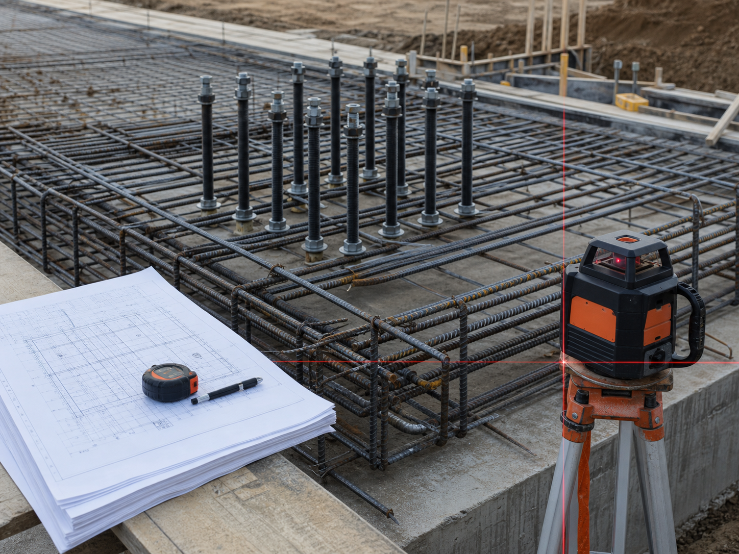 Reinforced concrete foundation and rebar grid inspection scene.