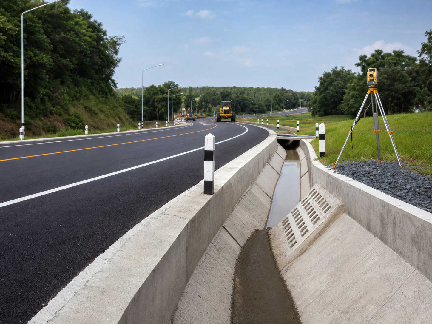 Road construction and drainage project with asphalt, curbs, and stormwater works.