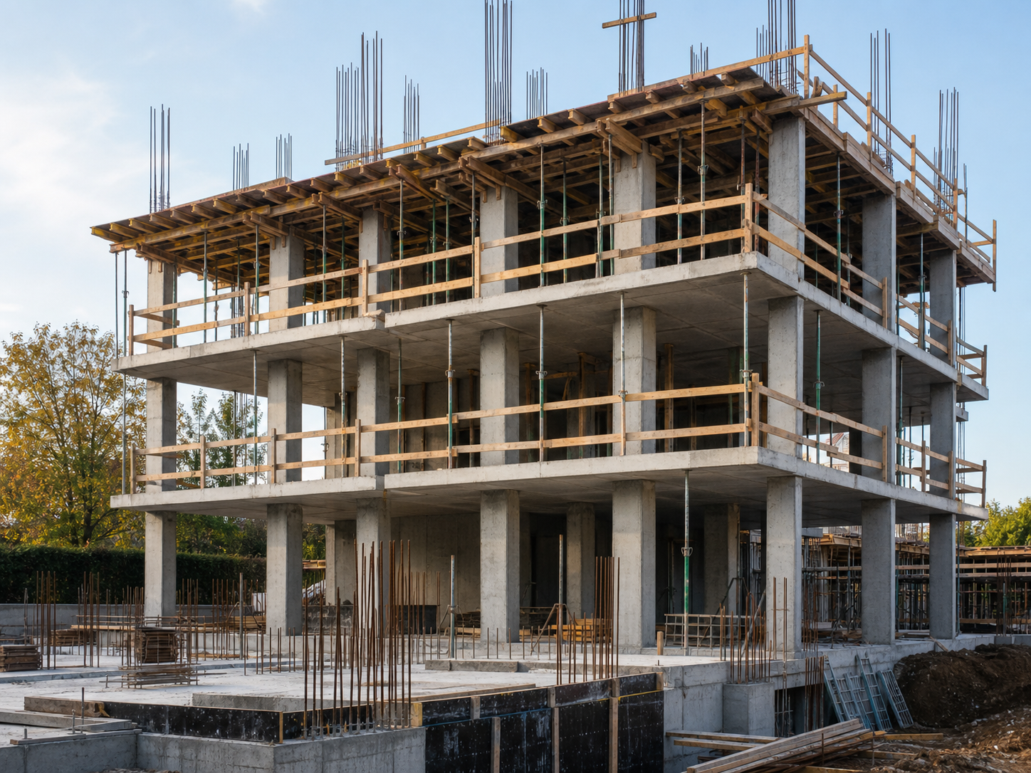 Concrete residential building structure under construction with columns and slabs.